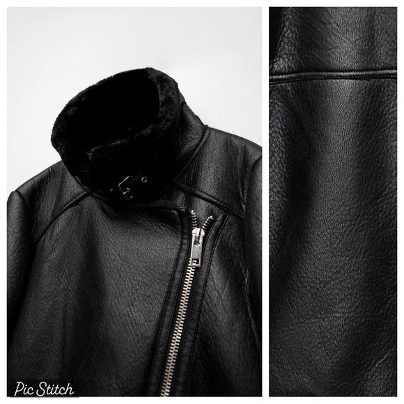 Zara Black Faux Leather Shearling Biker Jacket - Picture 8 of 16